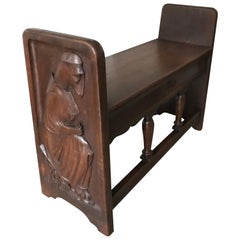 Antique Gothic Revival Stool, Bench with Hand Carved Sheep and Wolve Biblical Sculptures