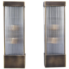 Tall Italian Mid Century Dark Brass and Ribbed Glass Sconces