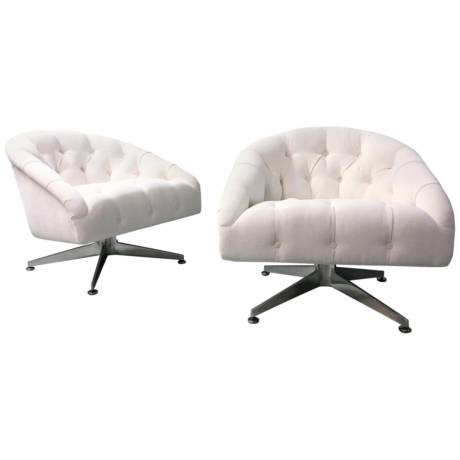 Ward Bennett Pair of Tufted Lounge Swivel Chairs, 1960s