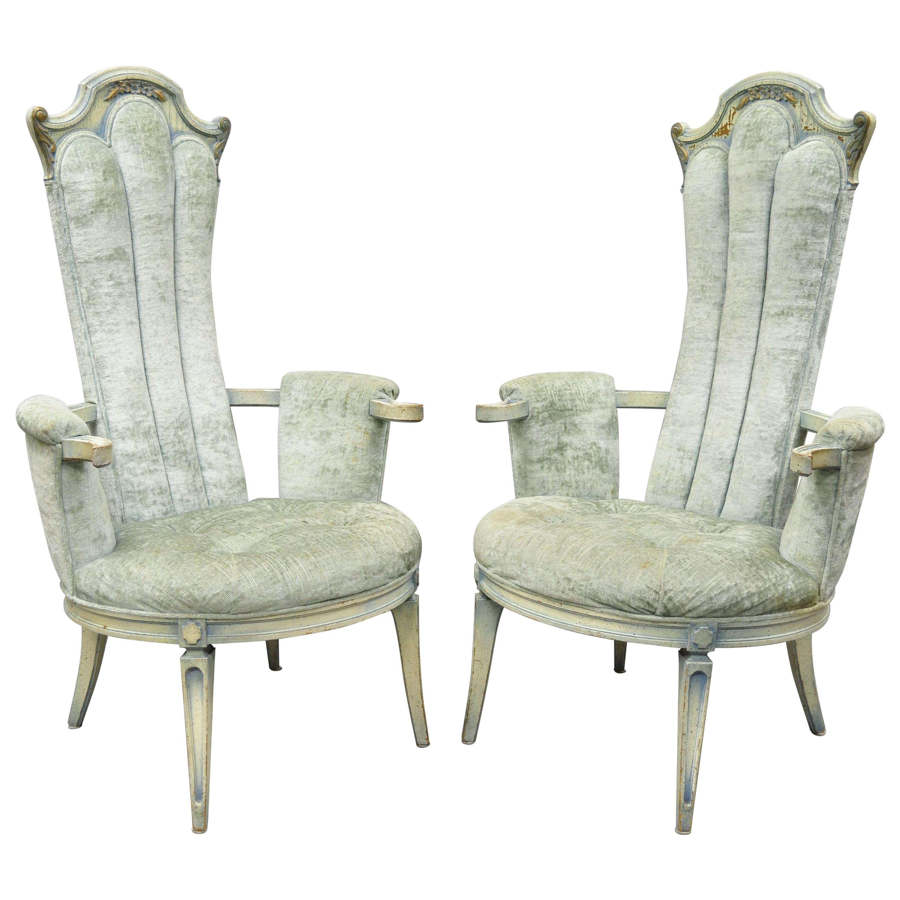 Pair Vintage High Back Hollywood Regency Style Blue Painted Fireside Armchairs