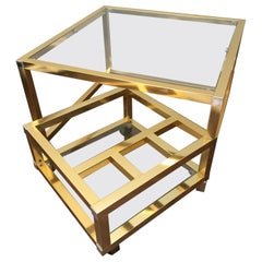 Cubist Brass Swivel Coffee Table with Wine Rack After Milo Baughman