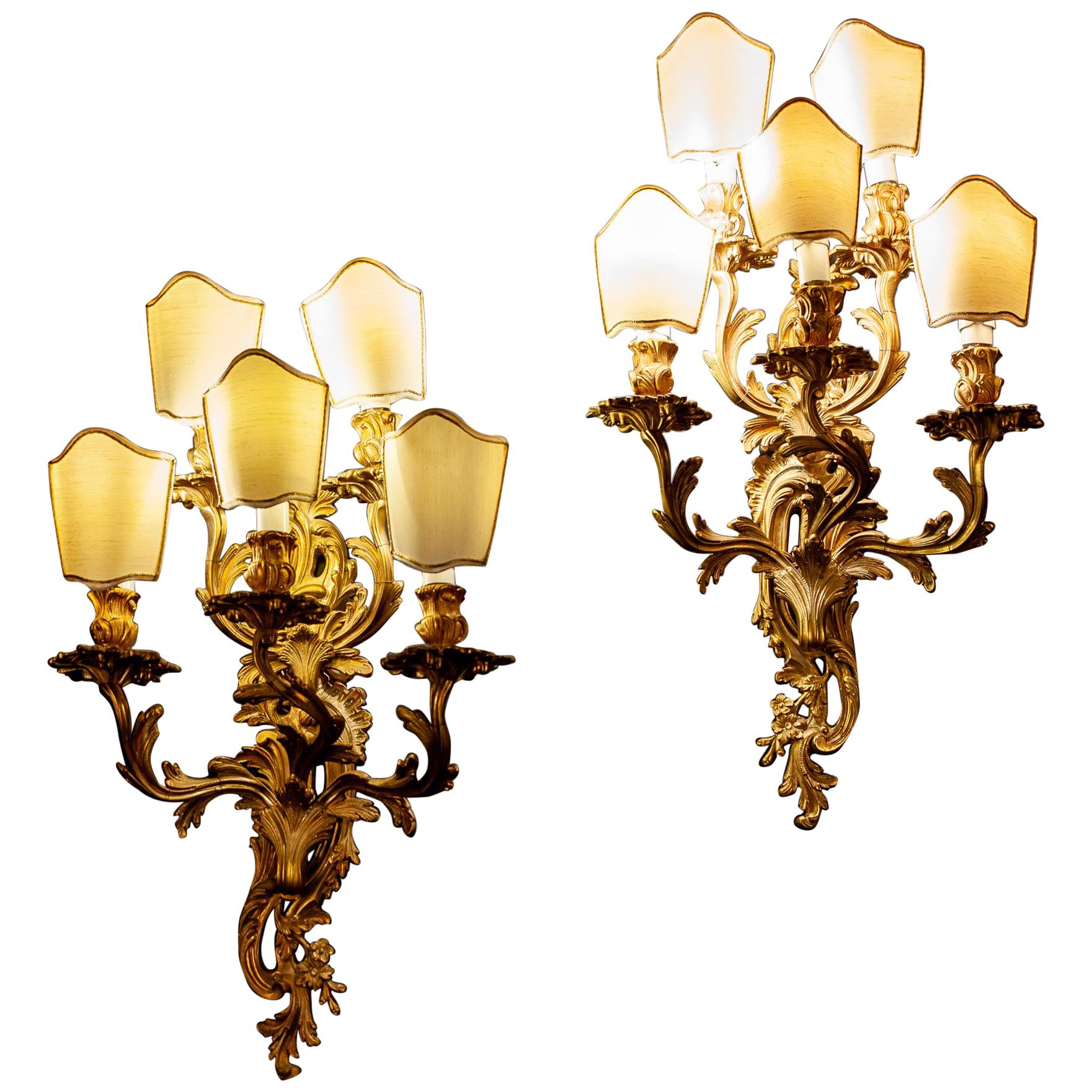 Pair of 19th Century Louis XV Style Gilt Bronze Five Arms French Sconces, 1890s