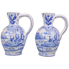 Antique Pair of 19th Century Delft Faience Pitchers Chinoiserie Blue and White 