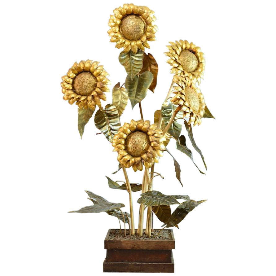 Grandiose Sunflower Sculpture in Brass with Five Illuminated Flower Heads, 1950s For Sale