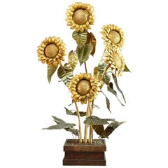 Grandiose Sunflower Sculpture in Brass with Five Illuminated Flower Heads, 1950s