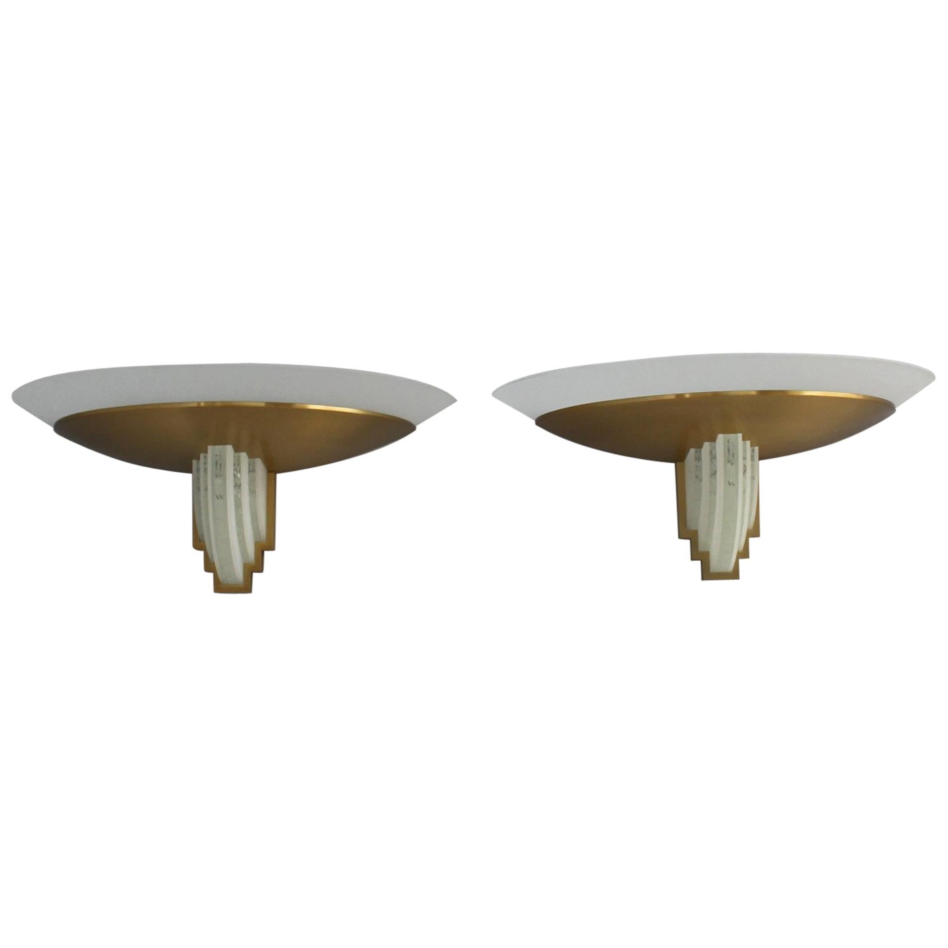 Pair of Fine French Art Deco Bronze Hand Cut Glass Sconces by Jean Perzel For Sale