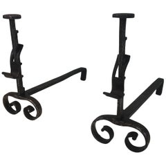 Antique Pair of Forged Wrought Iron Andirons, French, 19th Century