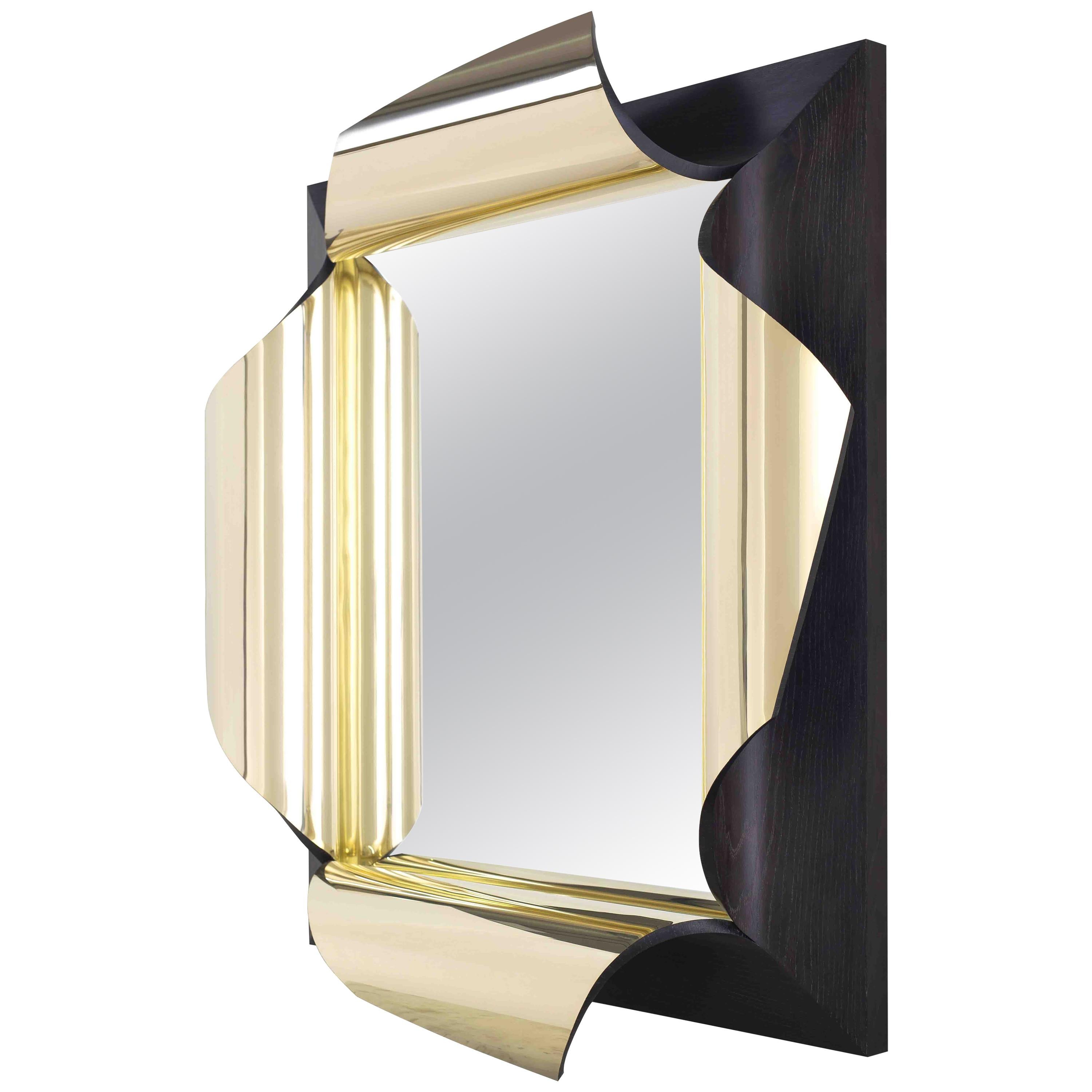 Surrealist Mirror in Polished Brass and Fumed Oak, Salvador by Jake Phipps For Sale