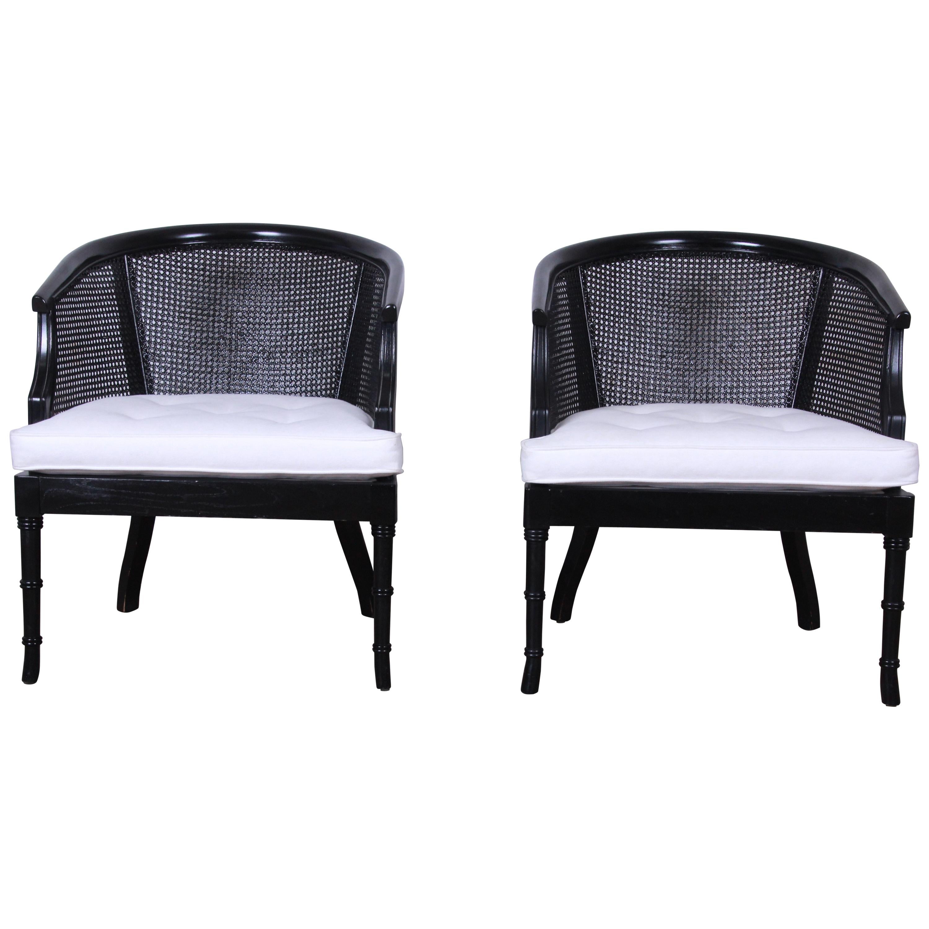 Pair of Hollywood Regency Ebonized Faux Bamboo and Cane Barrel Back Club Chairs