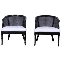 Pair of Hollywood Regency Ebonized Faux Bamboo and Cane Barrel Back Club Chairs