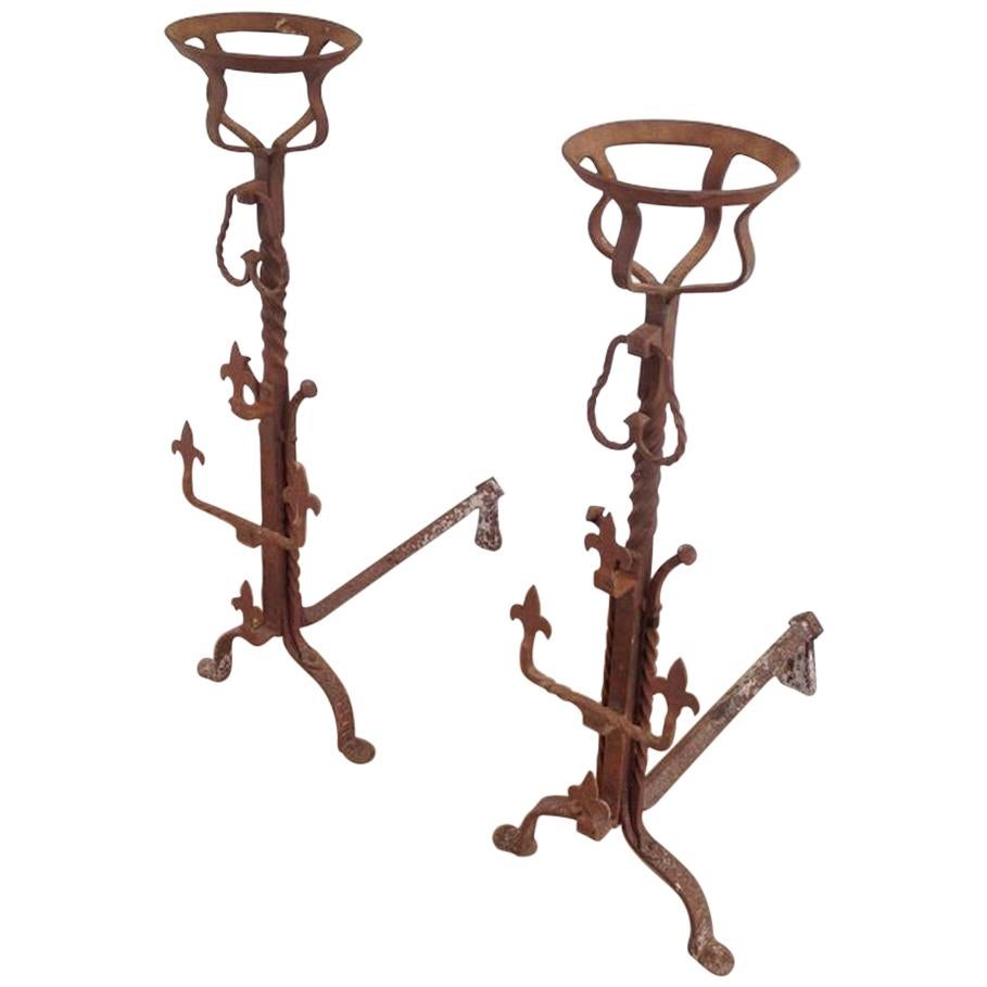 Pair of Tall Gothic Style Wrought Iron Andirons, French, circa 1900 