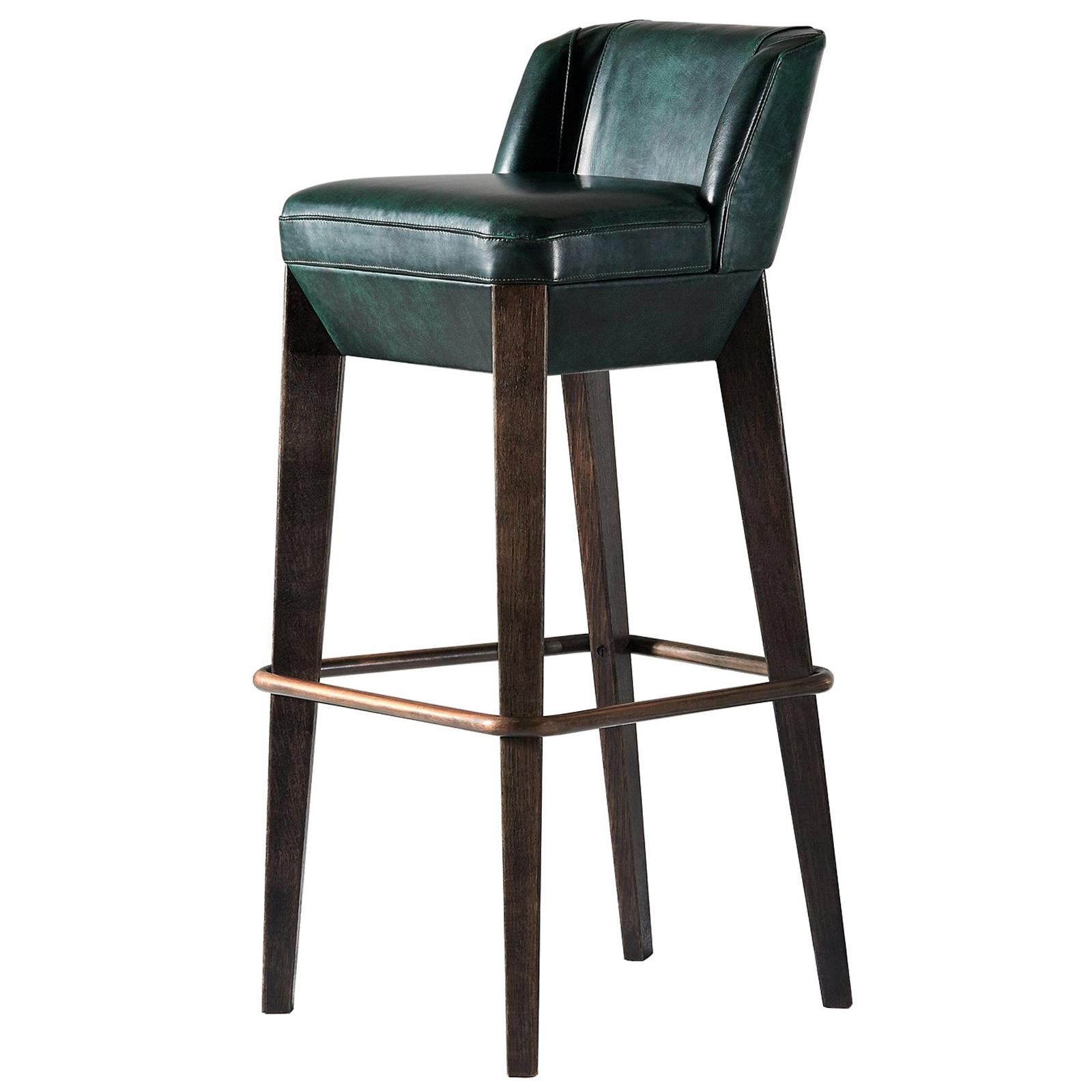 Chilcomb Bar Stool, Leather Upholstery, Oak and Brass Foot Rail