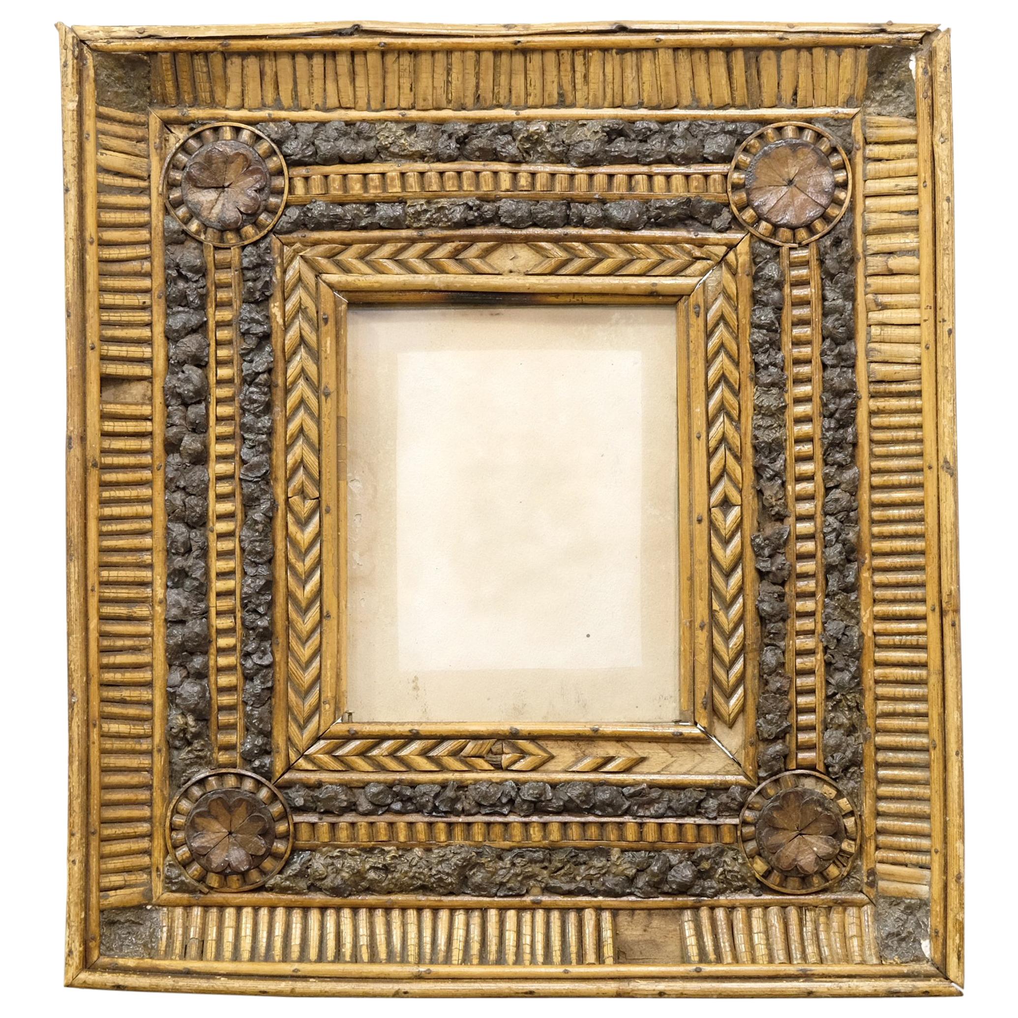 Folk Art Twig and Bark Applied Decorative Picture Frame, 19th Century