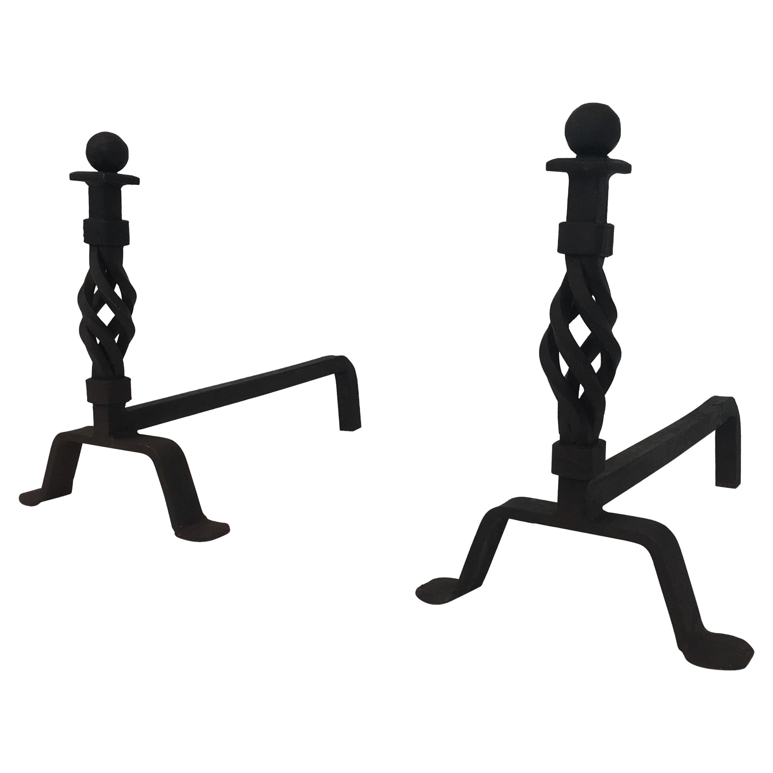 Pair of Twisted Wrought Iron Andirons, French, circa 1940  For Sale