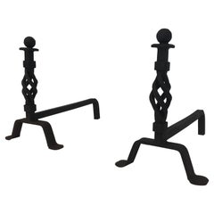 Vintage Pair of Twisted Wrought Iron Andirons, French, circa 1940 