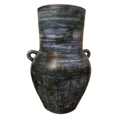 Jacques Blin Signed Large Blue Ceramic Vase, Incised Decor, French, 1960s