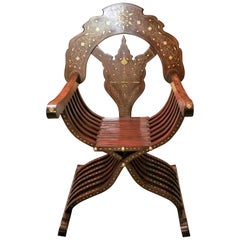 Middle Eastern Brass Inlaid Savonarola Chair