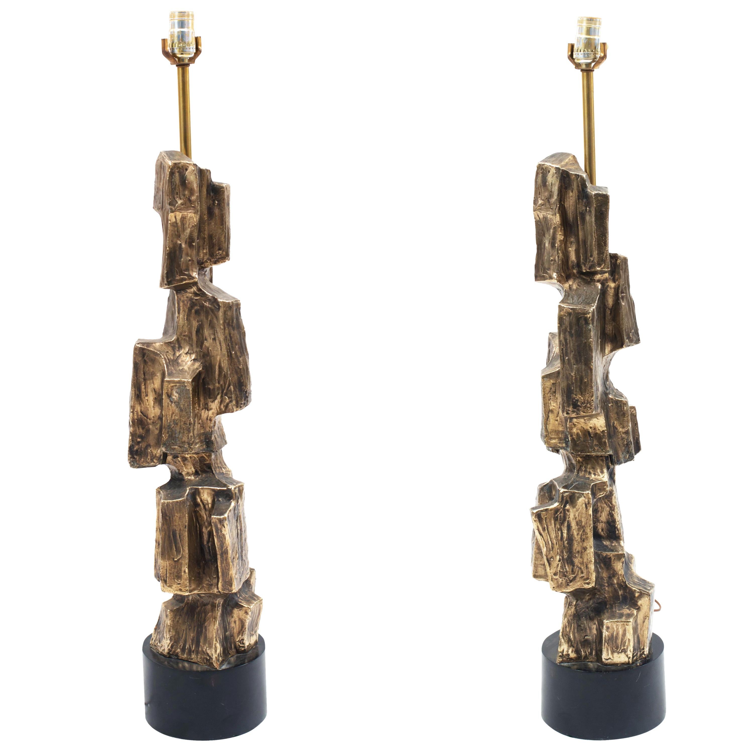 Pair of Italian Brutalist Bronze Tempestini Table Lamps
