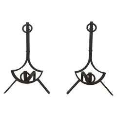 Pair of Modernist Wrought Iron Andirons, French, circa 1940