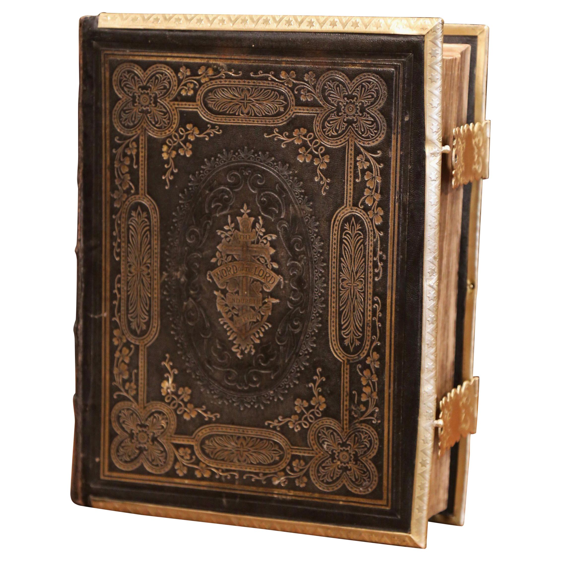 19th Century English Leather Bound Holy Bible with Gilt Tooling and Brass Locks