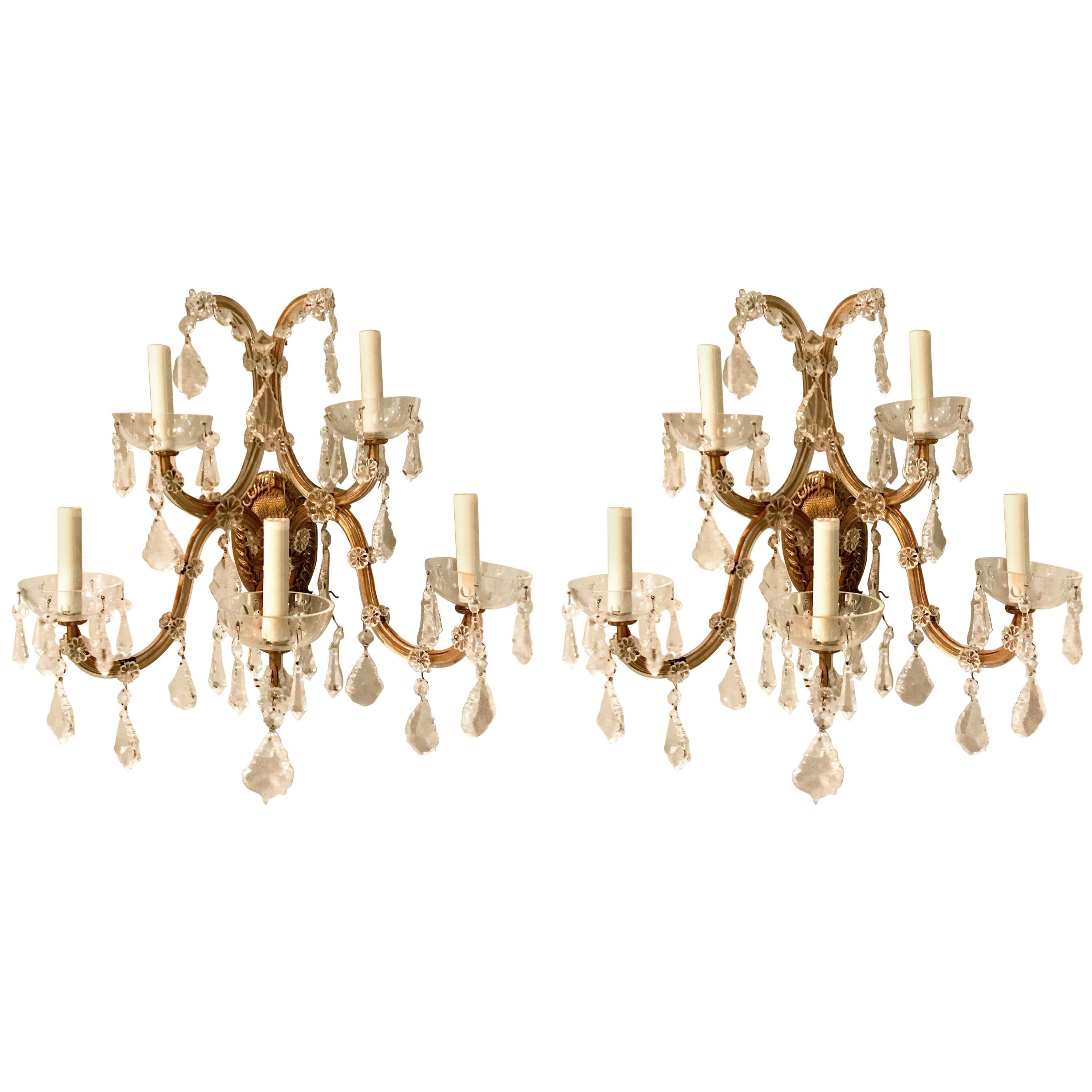Pair of Vintage Italian Gilt Metal and Crystal Sconces For Sale