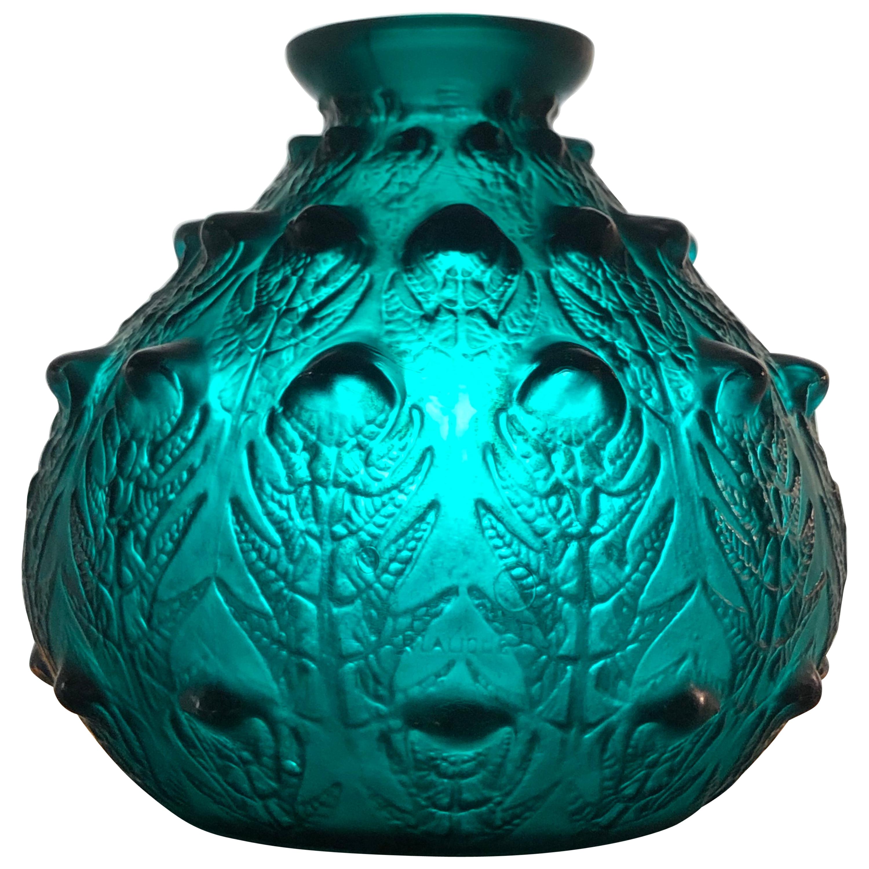 1912 René Lalique Fougeres Vase in Dark Duck Green Glass