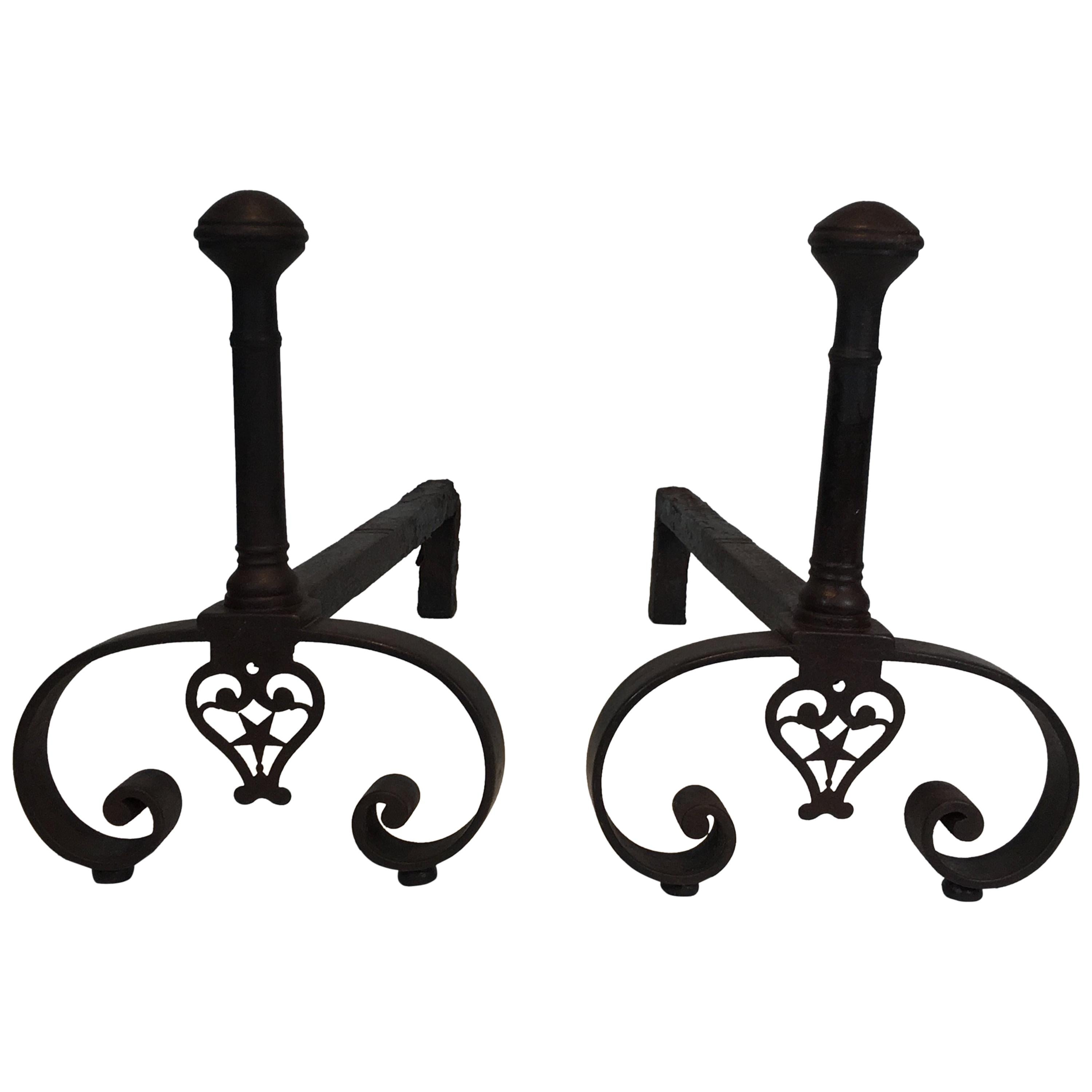 Pair of Forged Wrought Iron Andirons, Gothic Style, French, 18th Century  For Sale