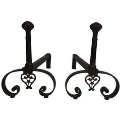 Pair of Forged Wrought Iron Andirons, Gothic Style, French, 18th Century 