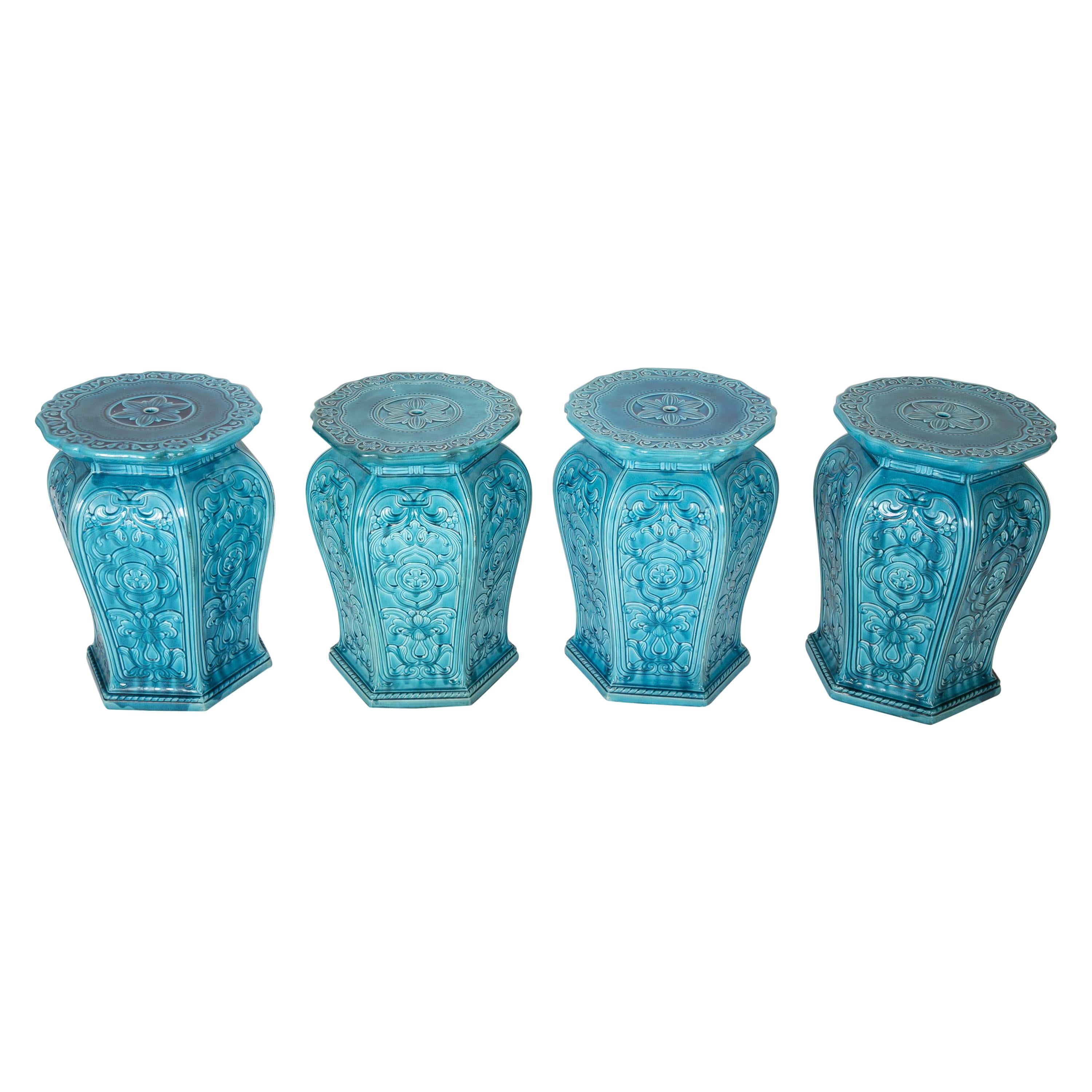 Four English Majolica Turquoise Ground Hexagonal Garden Seats