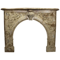 Vintage Louis XV Style White & Veined Beige-Brown Cultured Cast-Marble Fireplace Mantel