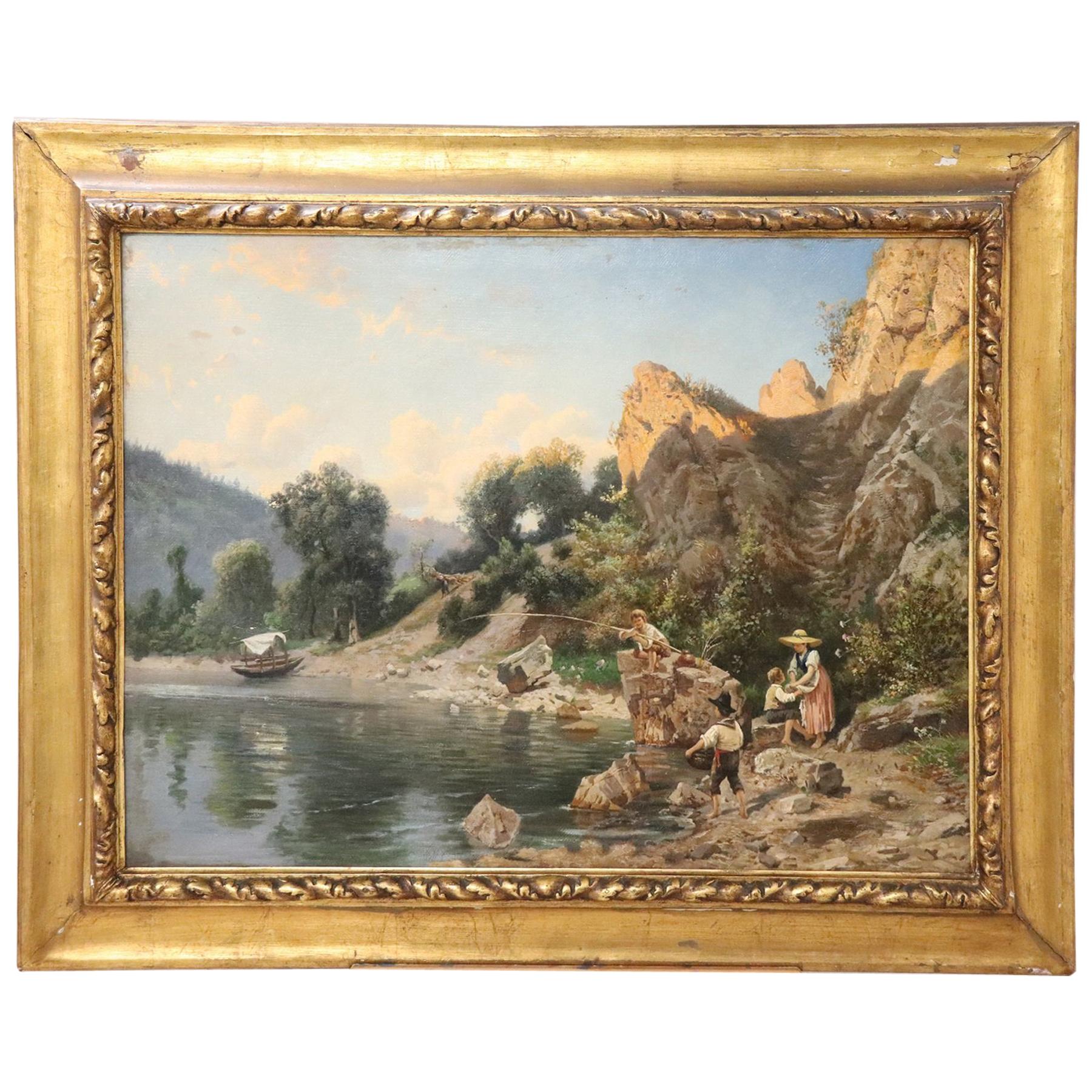 19th Century Italian Oil Painting on Canvas Impressionist Landscape with Frame