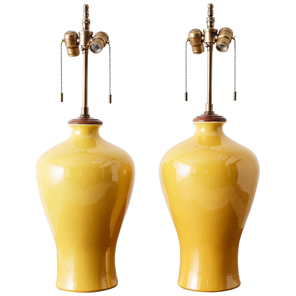 Pair of Chinese Citron Yellow Porcelain Vase Lamps