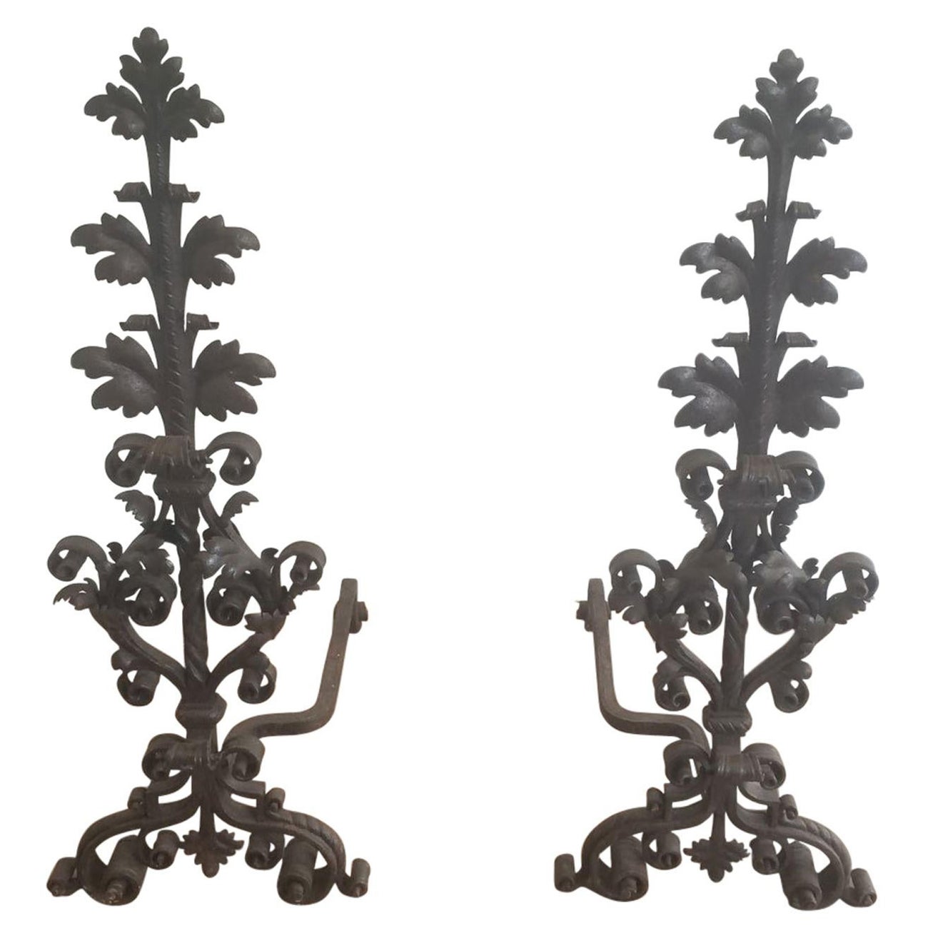 Pair of Wrought Iron Andirons, Very Fine Work, French, 19th Century For Sale