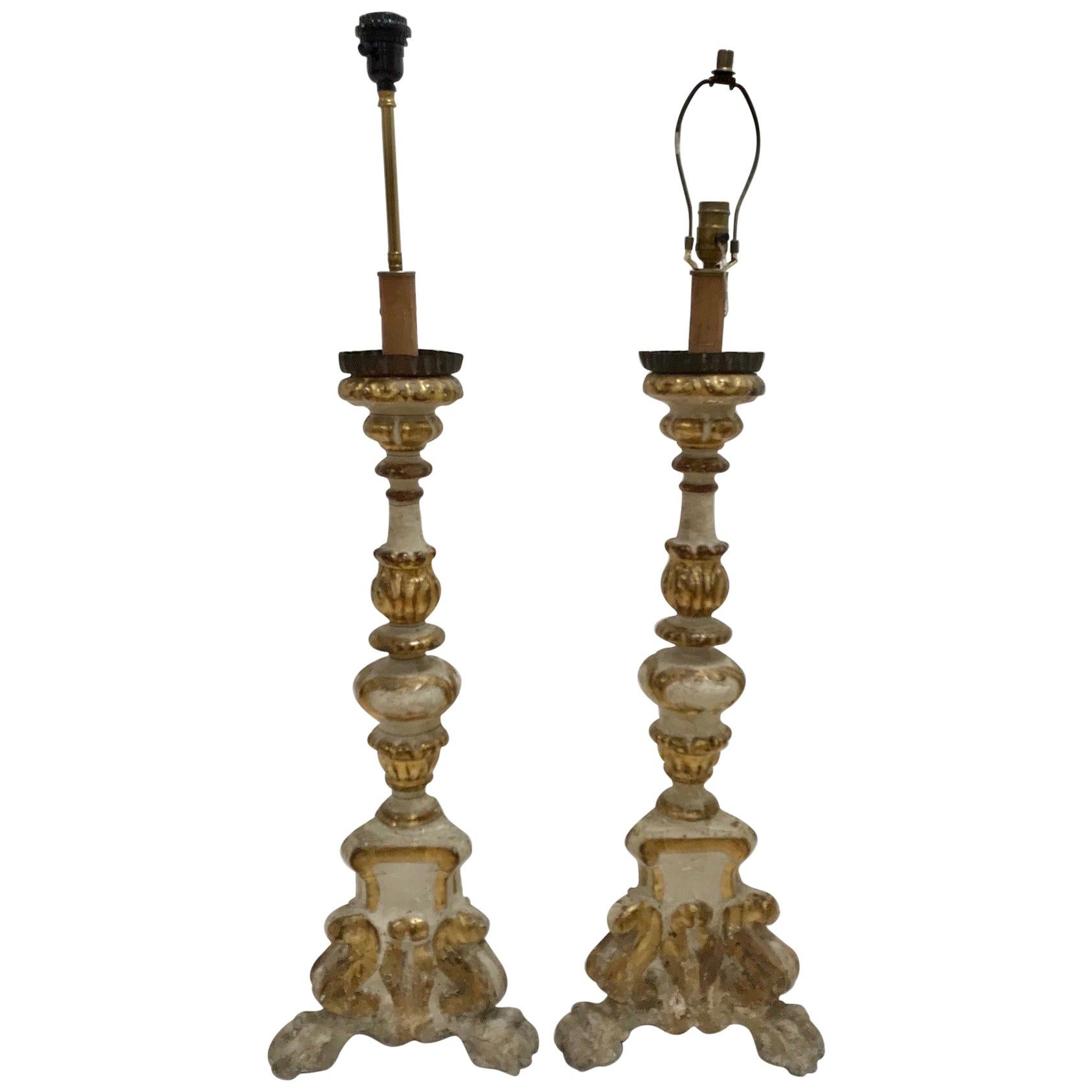 18th Century Pair of Italian Baroque Candlestick Lamps