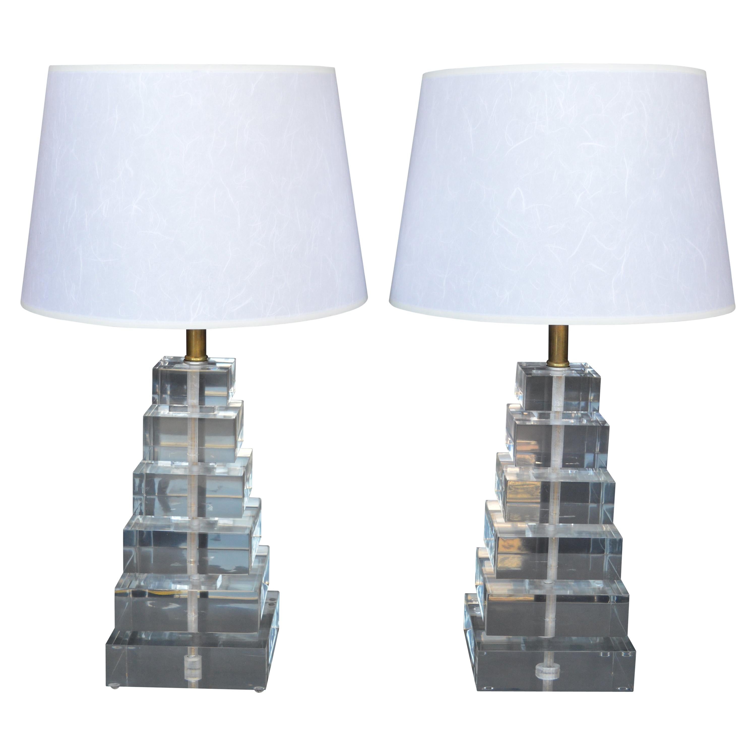 Pair of Square Stacked Acrylic Lamps