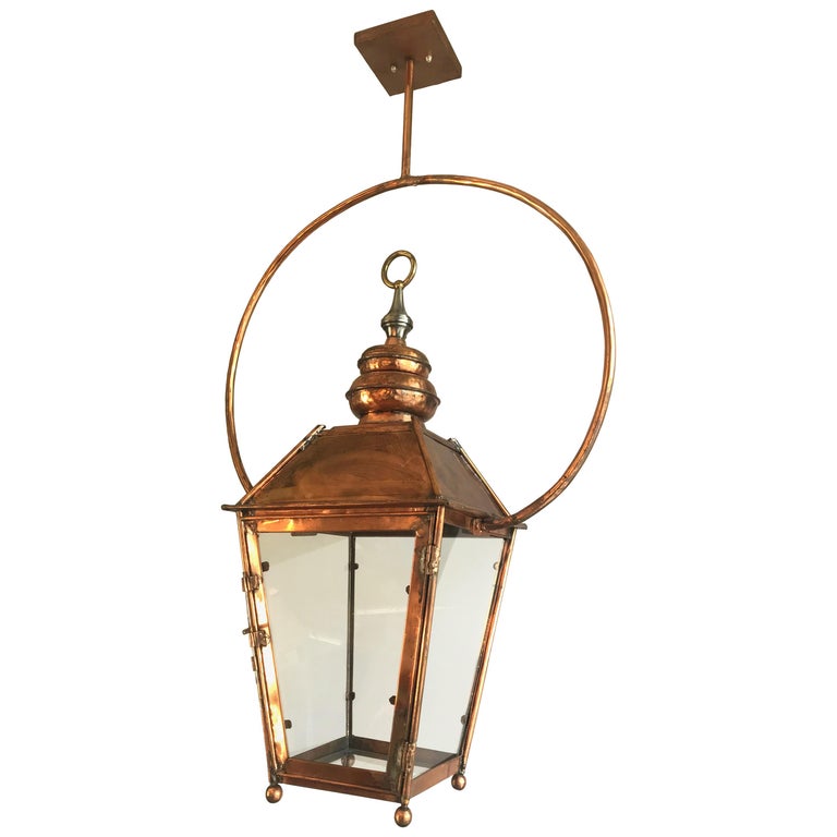 19th C Large Hanging English Copper Lantern Style Ceiling Light Ring Bracket