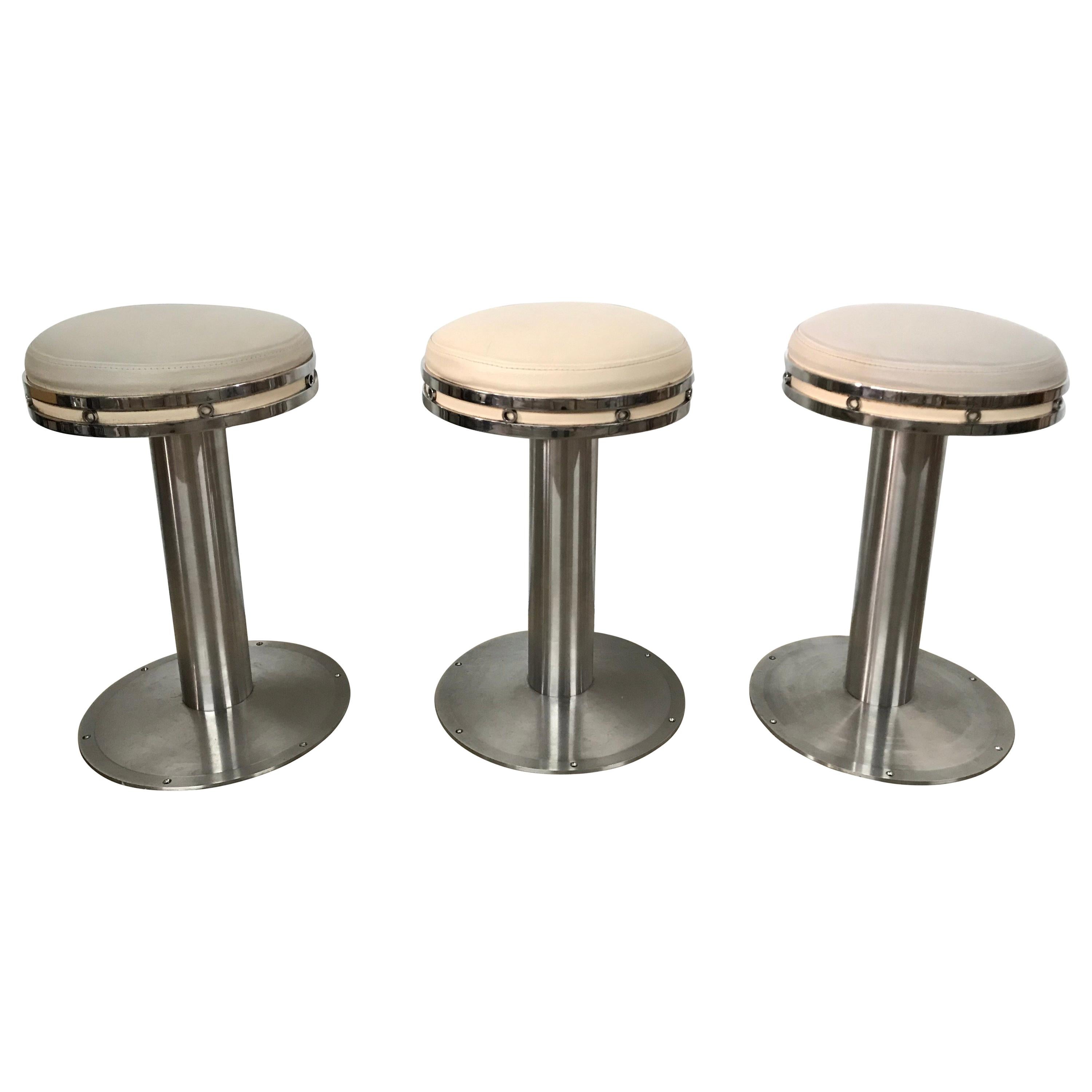 Set of Three Custom Karl Springer Style Steel and Leather Stools For Sale