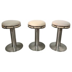 Set of Three Custom Karl Springer Style Steel and Leather Stools, 1970s