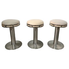 Retro Set of Three Custom Karl Springer Style Steel and Leather Stools