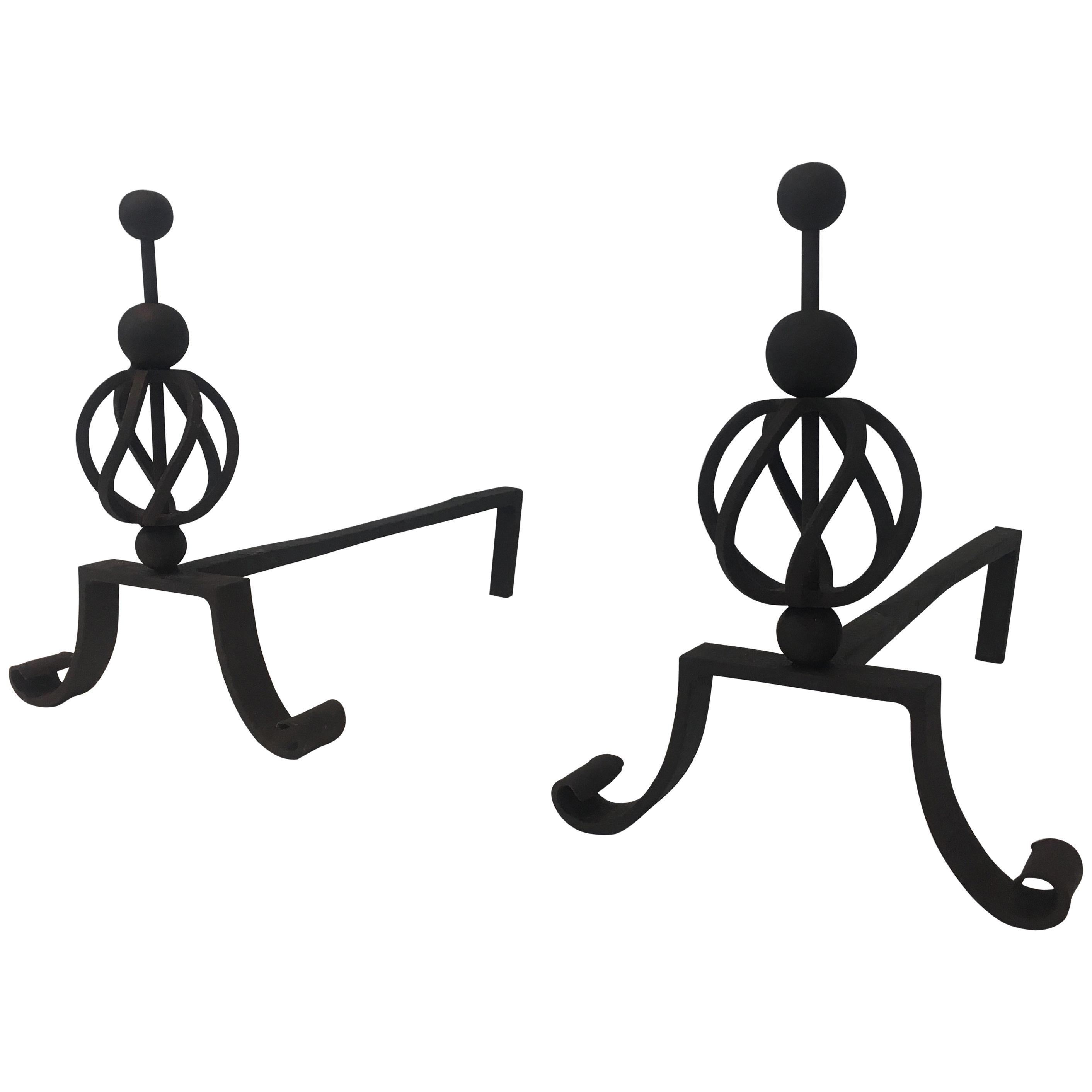 Pair of Wrought Iron Andirons, French