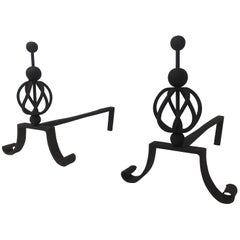 Vintage Pair of Wrought Iron Andirons, French