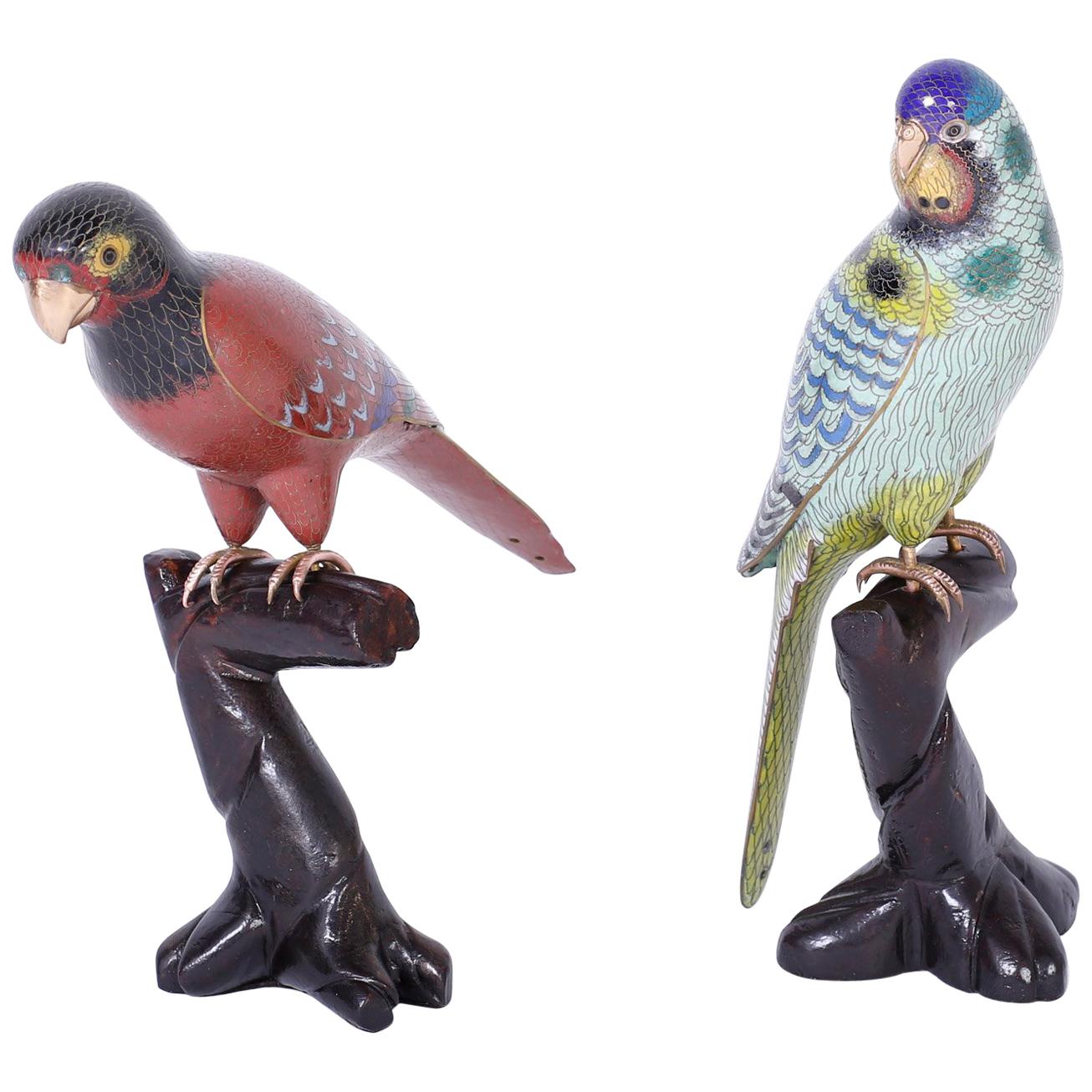 Pair of Chinese Cloisonné Birds or Parrots