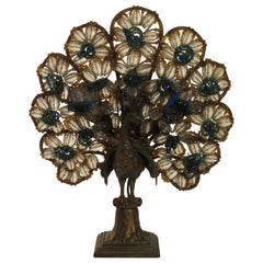 1920s Czechoslovakian Bronze Beaded Peacock Lamp