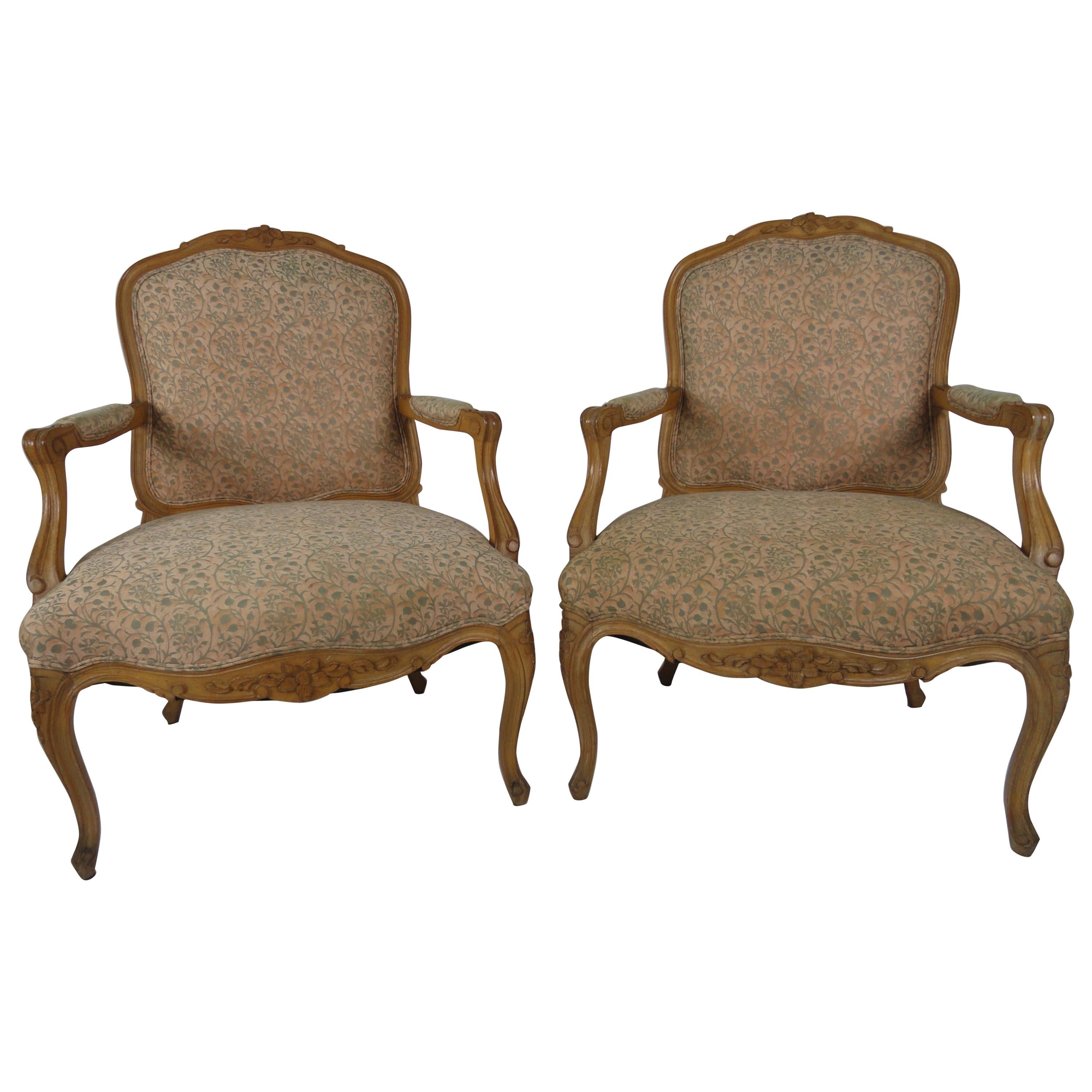 Pair of Louis XV Style Beechwood Carved Fauteuils im Angebot