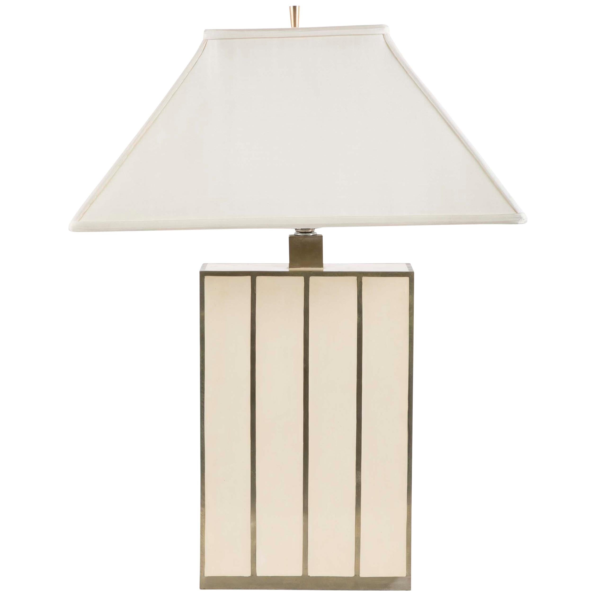 Robert Kuo Table Lamp with Ivory Colored Panels and Brass Banding