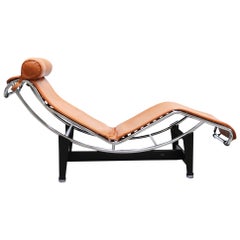 Vintage Le Corbusier LC4 Cognac Brandy Leather Chaise Chasiselongue by Cassina, 1980s