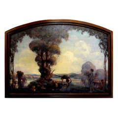 Framed Aubrey Beardsley Style Oil on Canvas, Signed A.E. Hudson