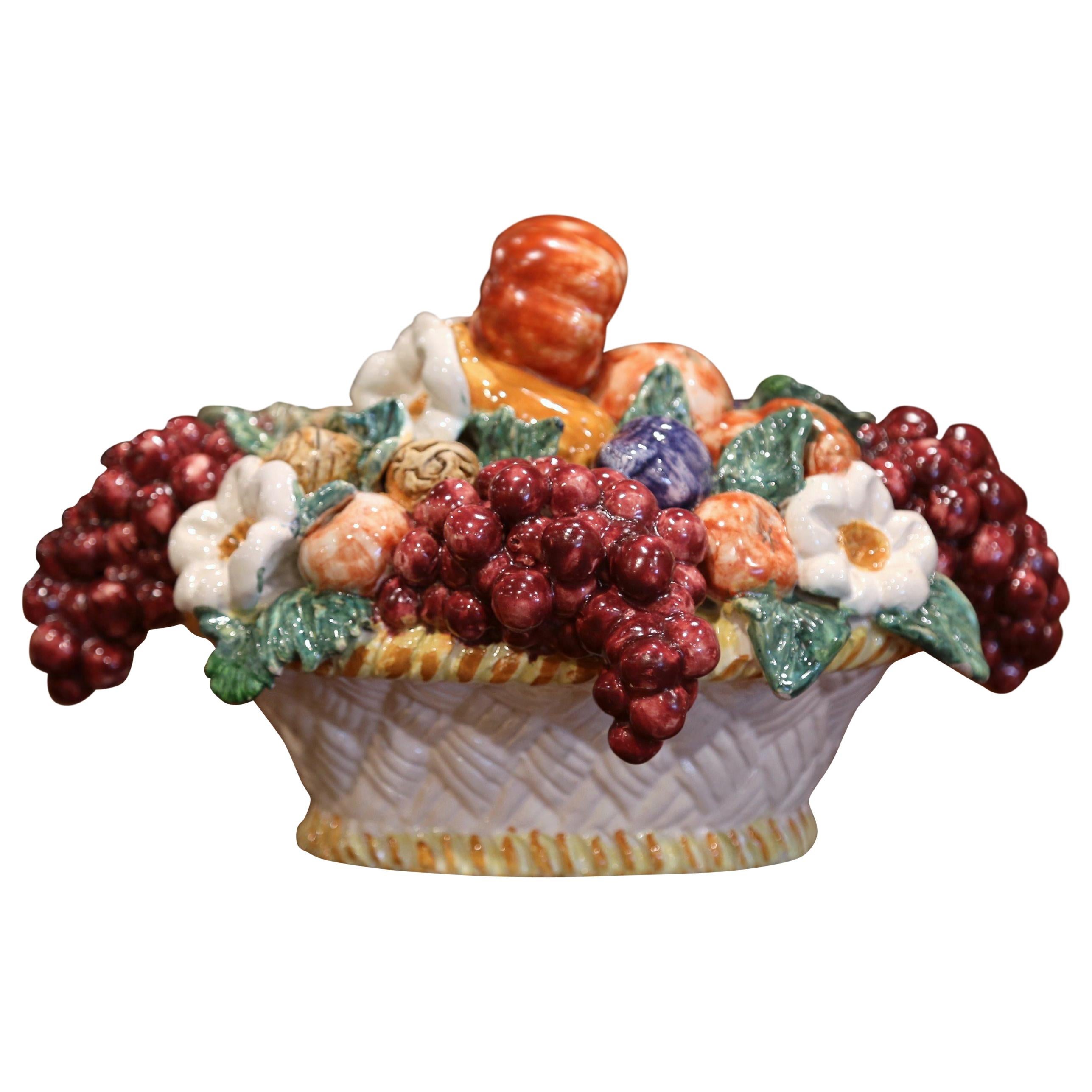 Mid-20th Century French Painted Ceramic Barbotine Fruit Basket Composition