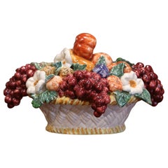 Mid-20th Century French Painted Ceramic Barbotine Fruit Basket Composition