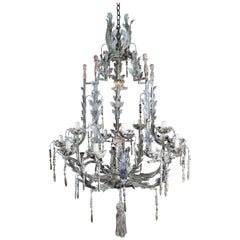 Italian Wrought Iron and Wood Painted Tassel Chandelier
